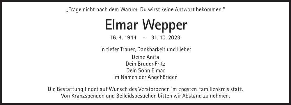  Traueranzeige für Elmar Wepper vom 04.11.2023 aus Süddeutsche Zeitung