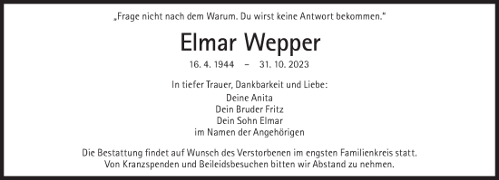 Traueranzeige von Elmar Wepper von Süddeutsche Zeitung