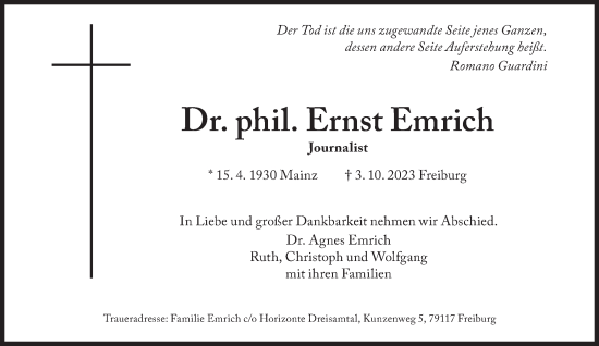 Traueranzeige von Emrich Ernst von Süddeutsche Zeitung
