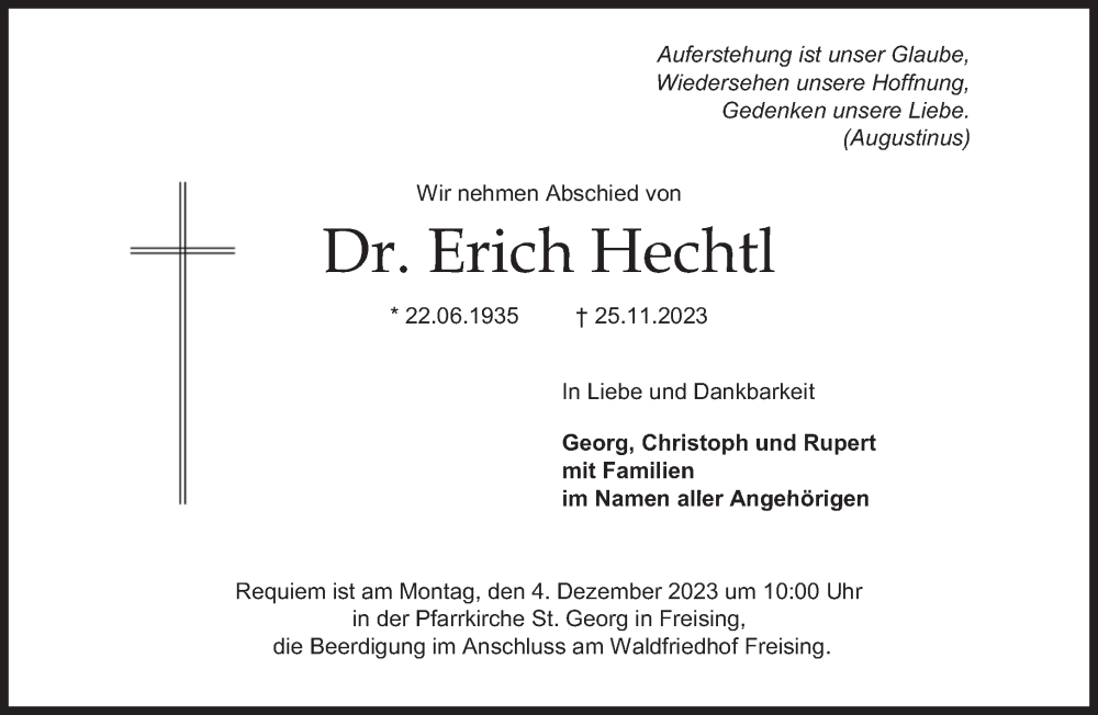  Traueranzeige für Erich Hechtl vom 29.11.2023 aus Süddeutsche Zeitung