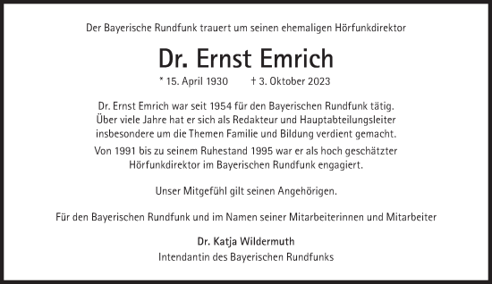 Traueranzeige von Ernst Emrich von Süddeutsche Zeitung