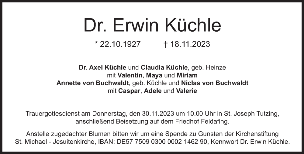  Traueranzeige für Erwin Küchle vom 25.11.2023 aus Süddeutsche Zeitung