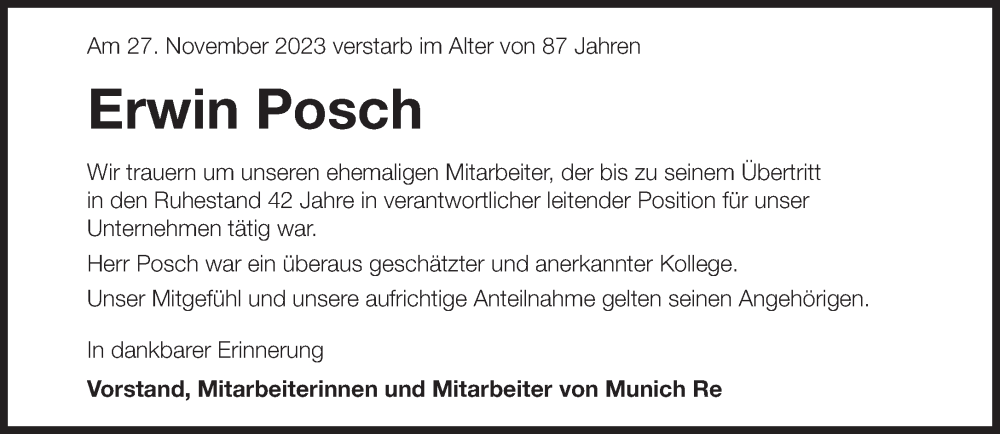  Traueranzeige für Erwin Posch vom 01.12.2023 aus Süddeutsche Zeitung