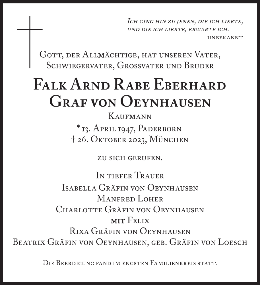  Traueranzeige für Falk Arnd Rabe Eberhard Graf von Oeynhausen vom 04.11.2023 aus Süddeutsche Zeitung