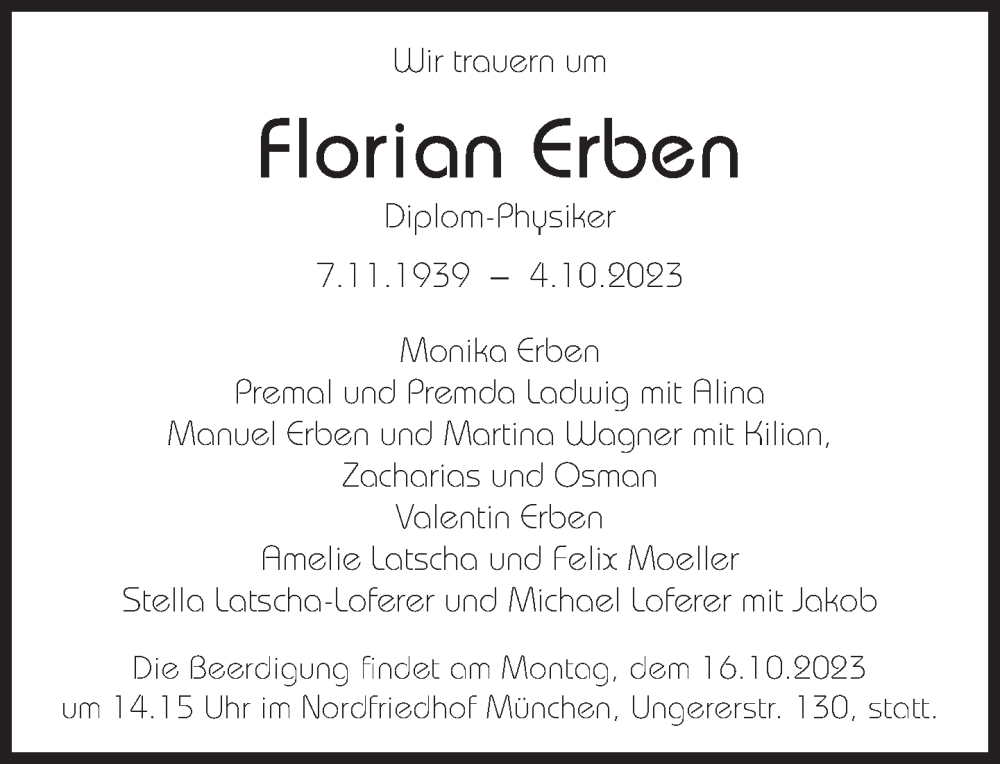  Traueranzeige für Florian Erben vom 14.10.2023 aus Süddeutsche Zeitung