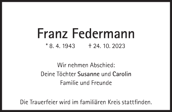 Traueranzeige von Franz Federmann von Süddeutsche Zeitung