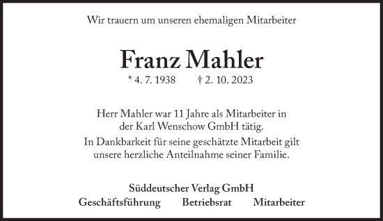 Traueranzeige von Franz Mahler von Süddeutsche Zeitung