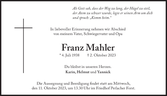 Traueranzeige von Franz Mahler von Süddeutsche Zeitung