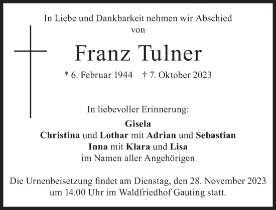 Traueranzeige von Franz Tulner von Süddeutsche Zeitung