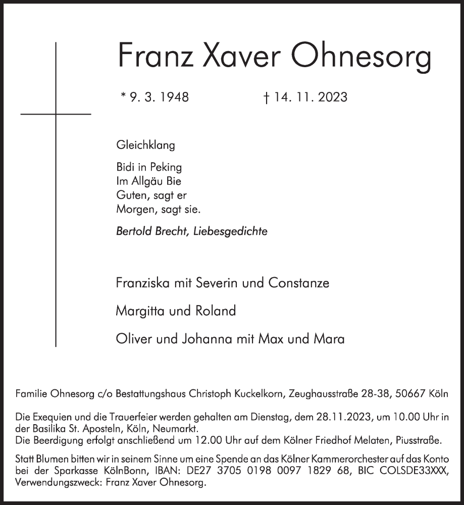  Traueranzeige für Franz Xaver Ohnesorg  vom 18.11.2023 aus Süddeutsche Zeitung