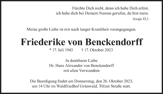 Traueranzeige von Friederike von Benckendorff von Süddeutsche Zeitung
