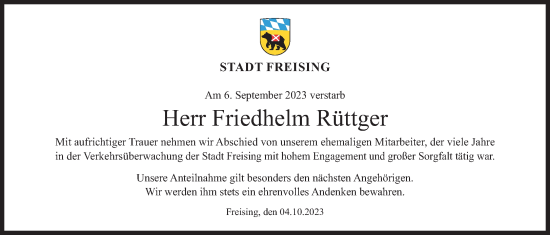 Traueranzeige von Friedhelm Rüttger von Süddeutsche Zeitung