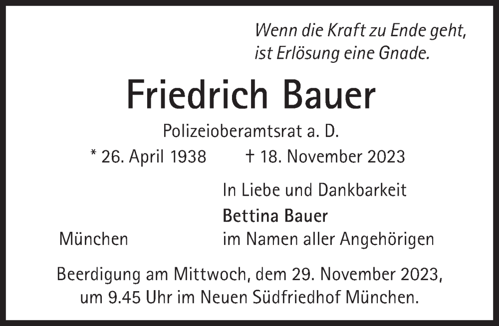  Traueranzeige für Friedrich Bauer vom 25.11.2023 aus Süddeutsche Zeitung