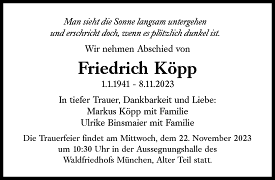 Traueranzeige von Friedrich Köpp von Süddeutsche Zeitung