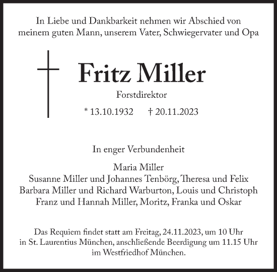 Traueranzeige von Fritz Miller von Süddeutsche Zeitung
