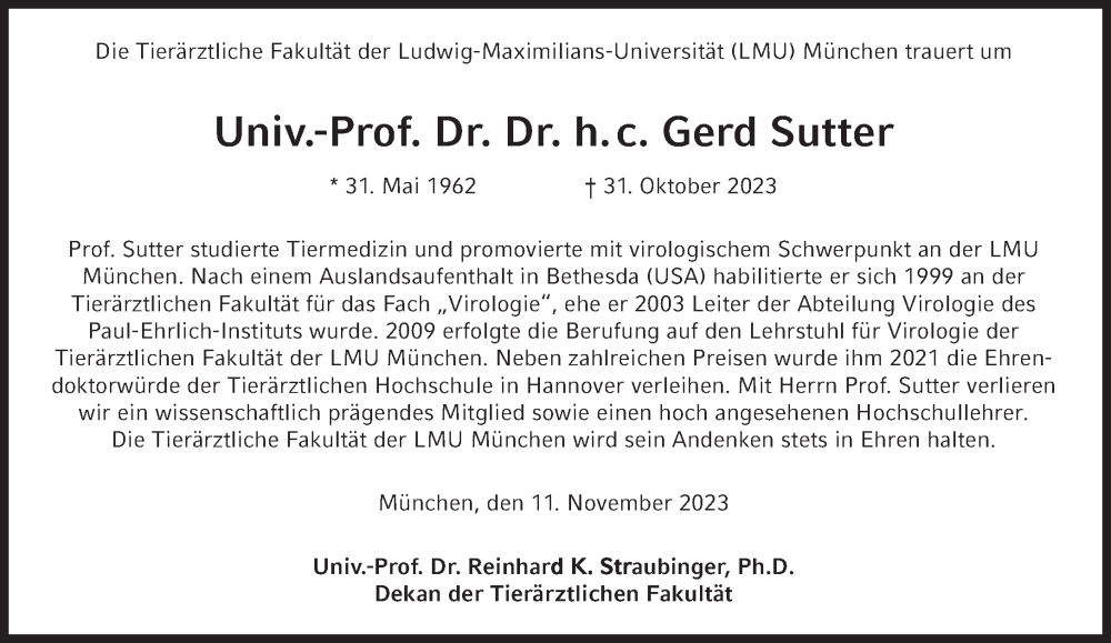  Traueranzeige für Gerd Sutter vom 11.11.2023 aus Süddeutsche Zeitung