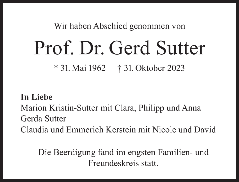  Traueranzeige für Gerd Sutter vom 13.11.2023 aus Süddeutsche Zeitung
