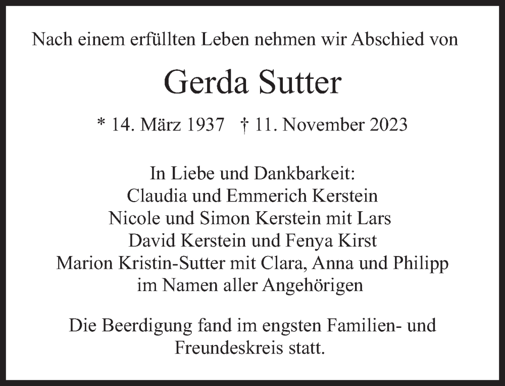  Traueranzeige für Gerda Sutter vom 25.11.2023 aus Süddeutsche Zeitung