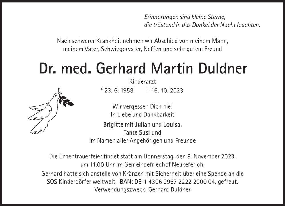  Traueranzeige für Gerhard Martin Duldner vom 28.10.2023 aus Süddeutsche Zeitung