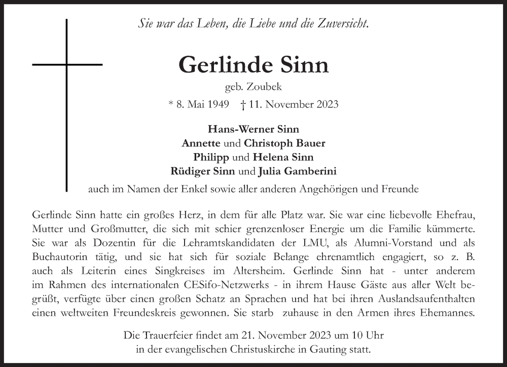  Traueranzeige für Gerlinde Sinn vom 15.11.2023 aus Süddeutsche Zeitung