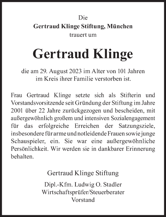 Traueranzeige von Gertraud Klinge von Süddeutsche Zeitung