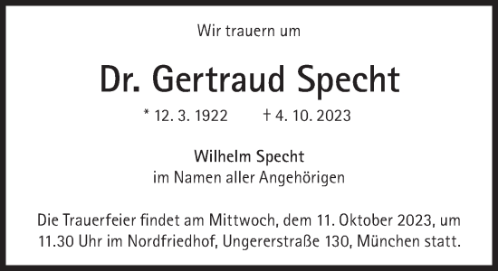 Traueranzeige von Gertraud Specht von Süddeutsche Zeitung