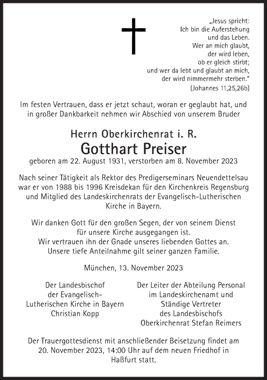 Traueranzeige von Gotthart Preiser von Süddeutsche Zeitung