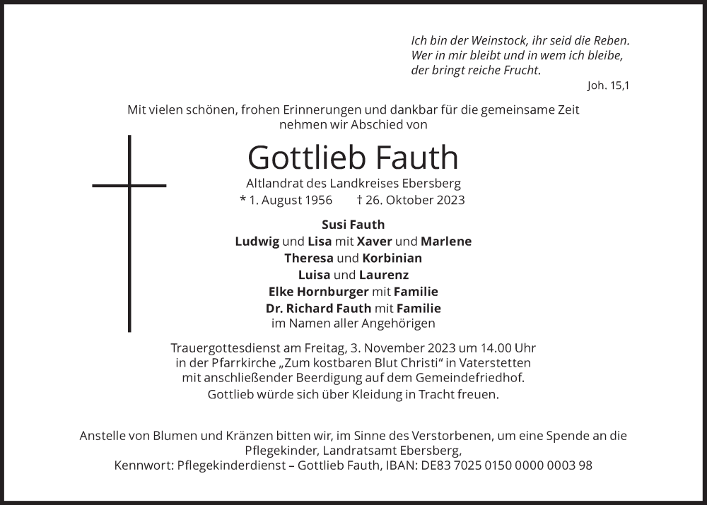  Traueranzeige für Gottlieb Fauth vom 28.10.2023 aus Süddeutsche Zeitung