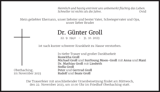 Traueranzeige von Günter Groll von Süddeutsche Zeitung