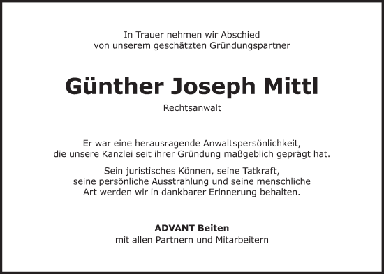 Traueranzeige von Günther Joseph Mittl  von Süddeutsche Zeitung