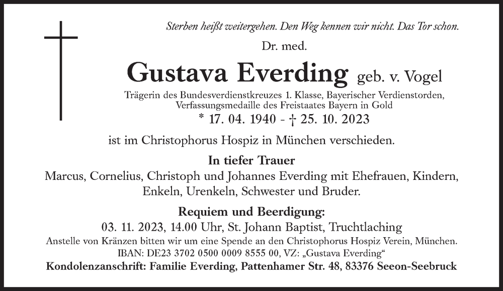  Traueranzeige für Gustava Everding vom 28.10.2023 aus Süddeutsche Zeitung