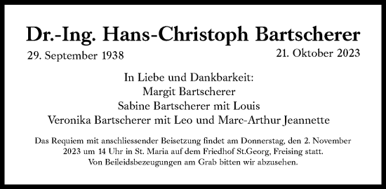 Traueranzeige von Hans-Christoph Bartscherer von Süddeutsche Zeitung