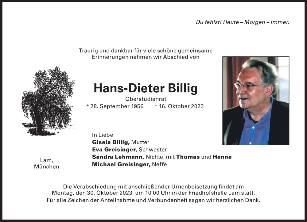  Traueranzeige für Hans-Dieter Billig vom 27.10.2023 aus Süddeutsche Zeitung