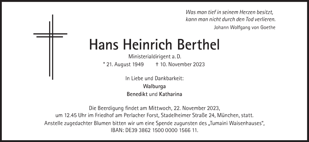  Traueranzeige für Hans Heinrich Berthel vom 18.11.2023 aus Süddeutsche Zeitung