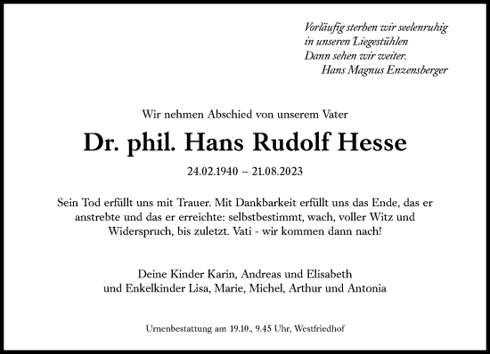 Traueranzeige von Hans Rudolf Hesse von Süddeutsche Zeitung