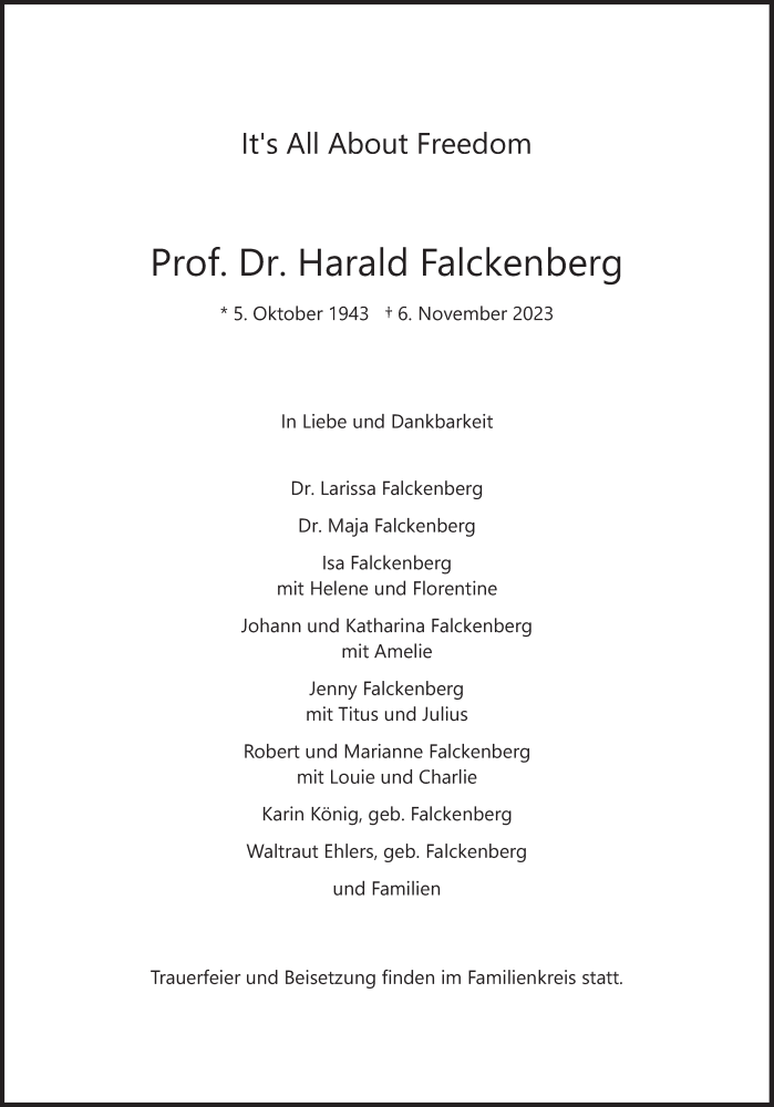  Traueranzeige für Harald Falckenberg vom 18.11.2023 aus Süddeutsche Zeitung