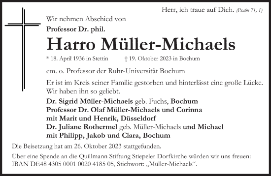 Traueranzeige von Harro Müller-Michaels von Süddeutsche Zeitung