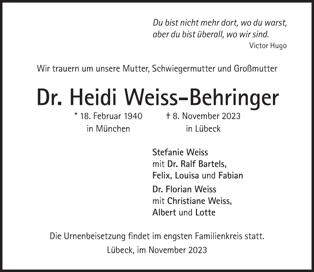  Traueranzeige für Heidi Weiss-Behringer vom 18.11.2023 aus Süddeutsche Zeitung