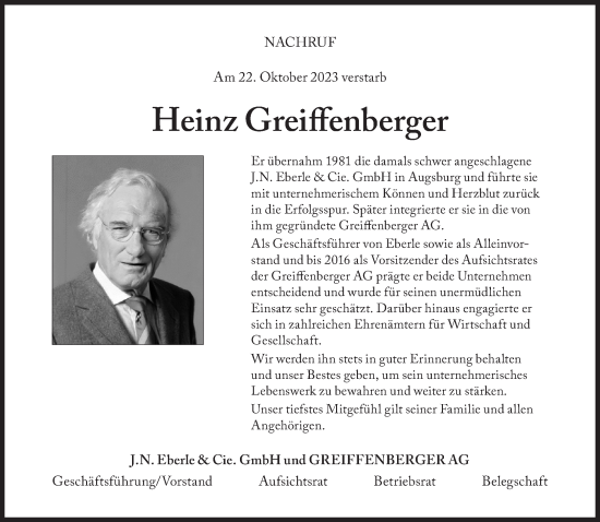 Traueranzeige von Heinz Greiffenberger von Süddeutsche Zeitung