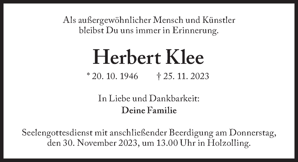  Traueranzeige für Herbert Klee vom 28.11.2023 aus Süddeutsche Zeitung