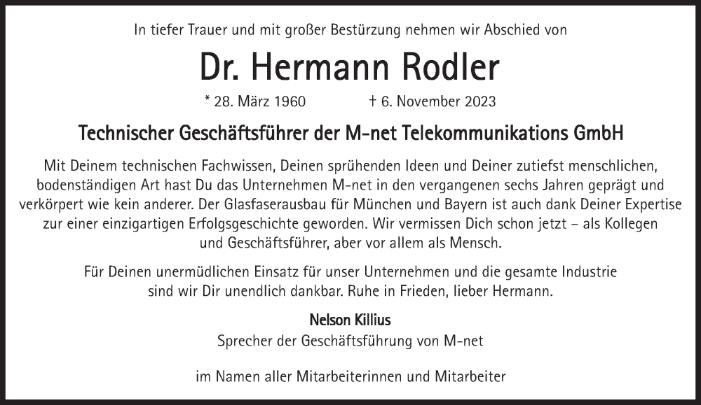  Traueranzeige für Hermann Rodler vom 11.11.2023 aus Süddeutsche Zeitung