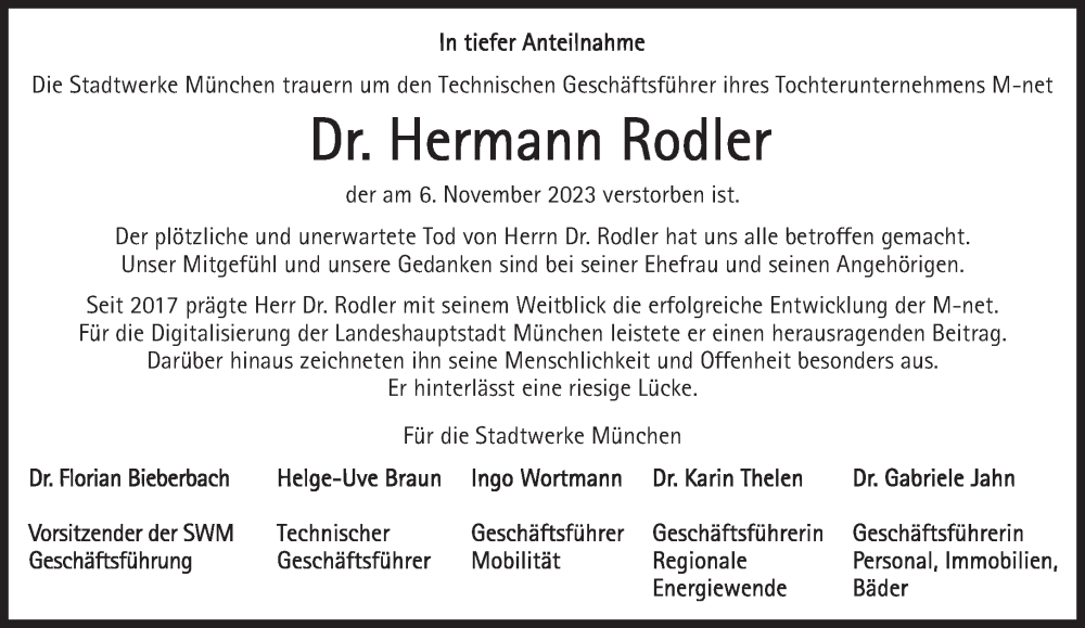  Traueranzeige für Hermann Rodler vom 11.11.2023 aus Süddeutsche Zeitung