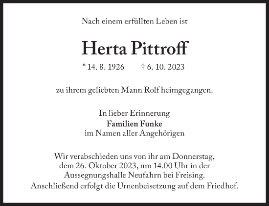 Traueranzeige von Herta Pittroff von Süddeutsche Zeitung