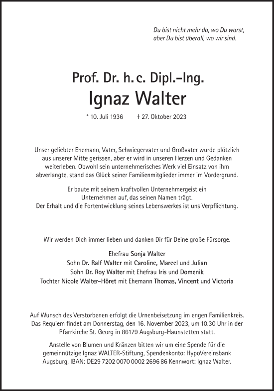 Traueranzeige von Ignaz Walter von Süddeutsche Zeitung