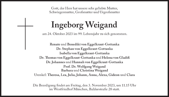 Traueranzeige von Ingeborg Weigand von Süddeutsche Zeitung