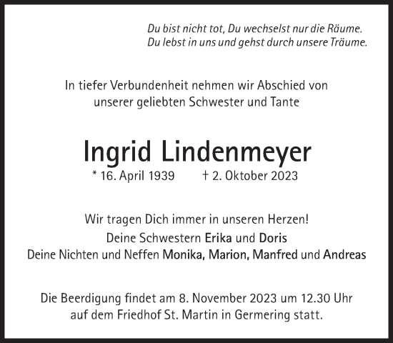 Traueranzeige von Ingrid Lindenmeyer von Süddeutsche Zeitung
