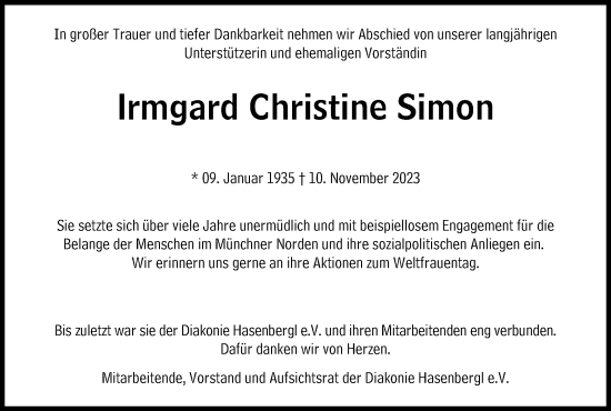Traueranzeige von Irmgard  Simon von Süddeutsche Zeitung