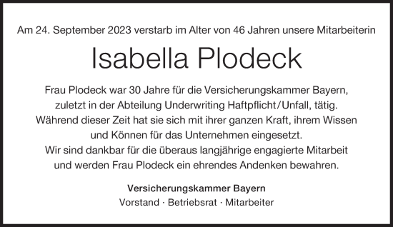 Traueranzeige von Isabella Plodeck von Süddeutsche Zeitung