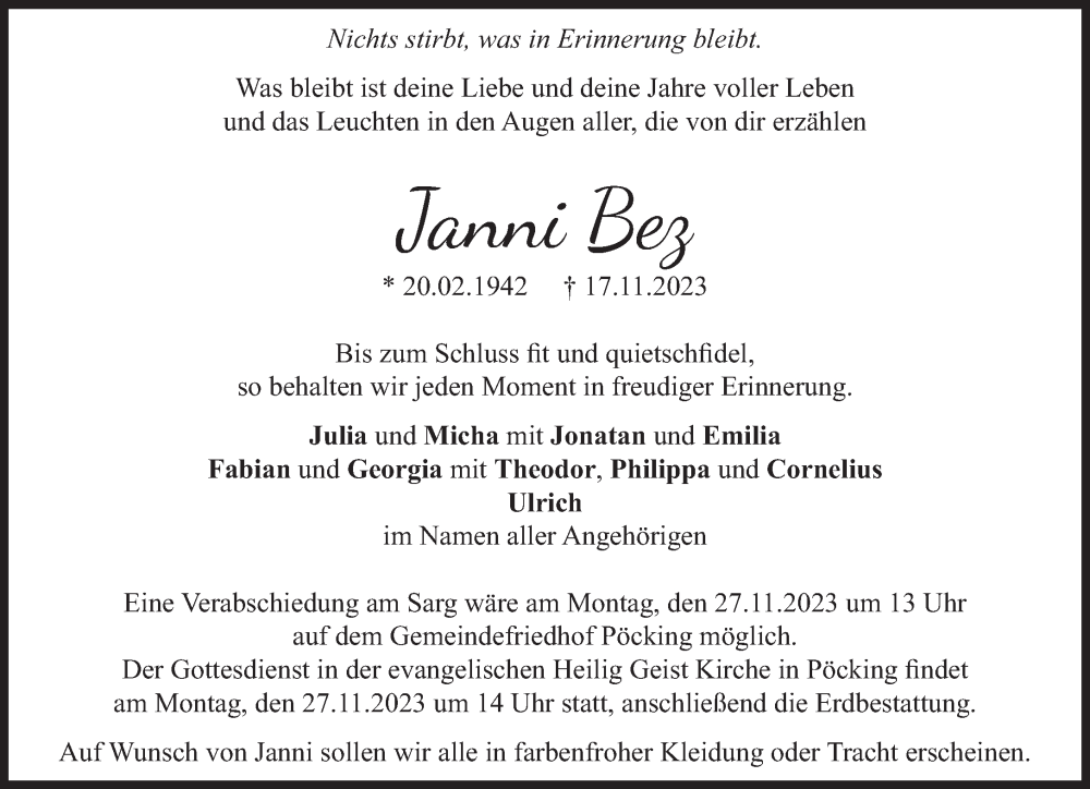  Traueranzeige für Janni Bez vom 25.11.2023 aus Süddeutsche Zeitung