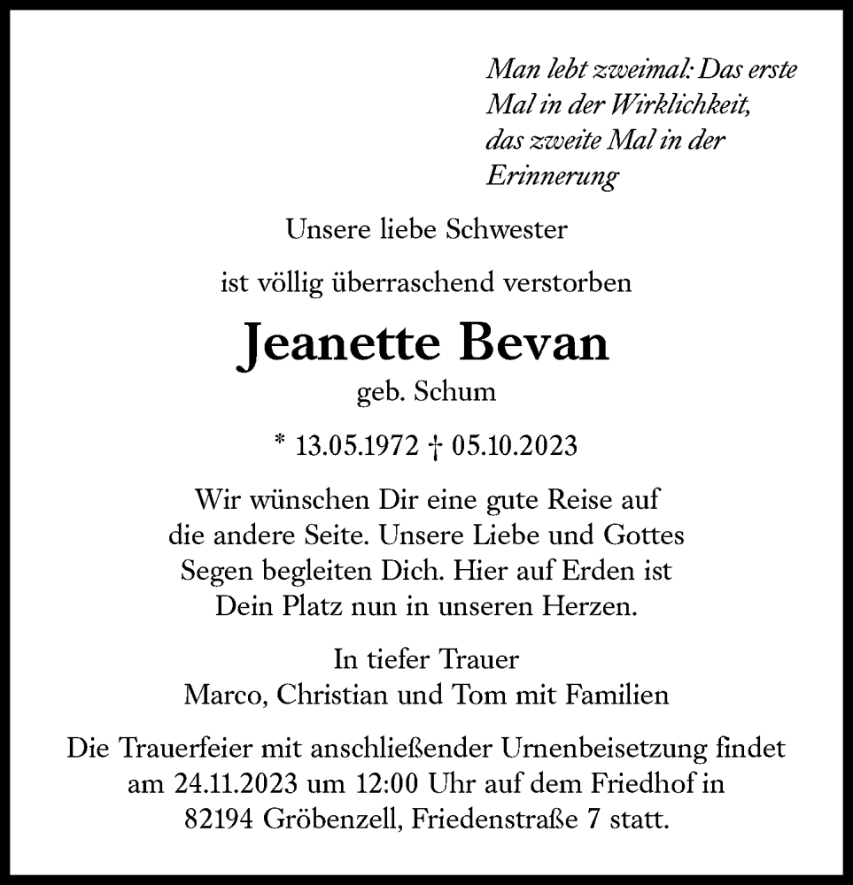  Traueranzeige für Jeanette Bevan vom 18.11.2023 aus Süddeutsche Zeitung